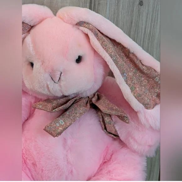 Vintage 80s Pink EASTER Bunny Stuffed Animal Plush Quilted Ears, Feet & Bow 25" - Picture 6 of 12